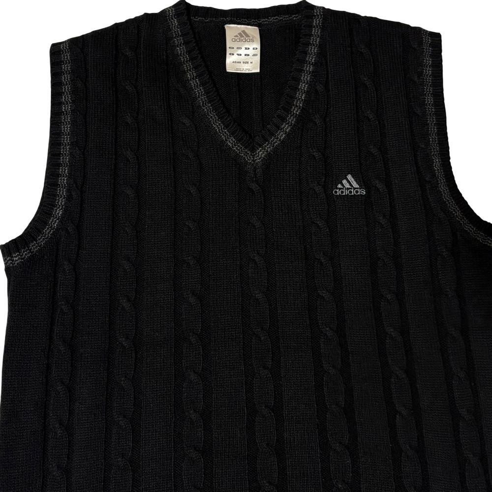 Vintage Adidas Sweater Vest Mens Asian Size M Black Cable Knit V-Neck Wool Blend
